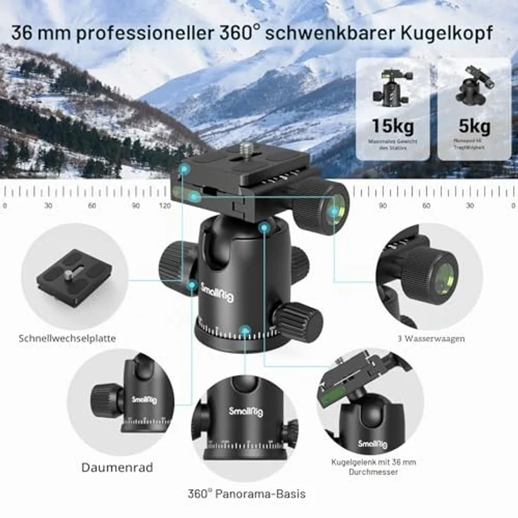 SmallRig Kamerastativ, 180,3 cm, faltbares Aluminium-Stativ/Einbeinstativ mit 360°-Kugelkopf, max. Nutzlast 15 kg, verstellbare Höhe 40,6 cm bis 180,3 cm für Kamera und Telefon – Bild 3