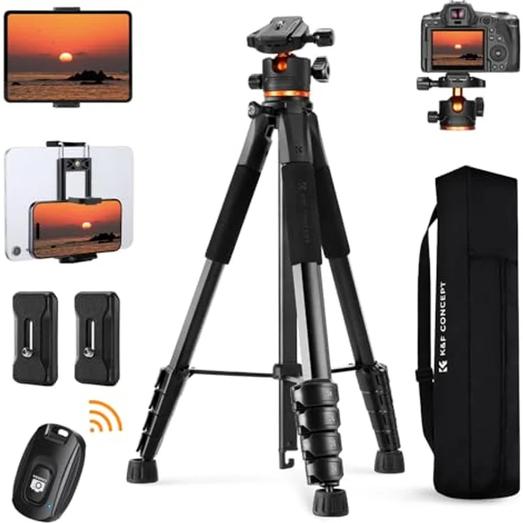 K&F CONCEPT Kamerastativ S255A3+BH-36, 190cm leichtes Reisestativ mit 360° Kugelkopf, Handy-Tablet-Halterung und 2 Schnellwechselplatten – Bild 1