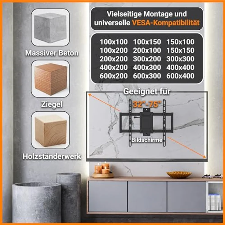 EasyLife ProMount HD75 Compact TV Wandhalterung, 32–75 Zoll, Heavy-Duty bis 50 kg, neigbar & schwenkbar, VESA 400x400, schwarz – Bild 7