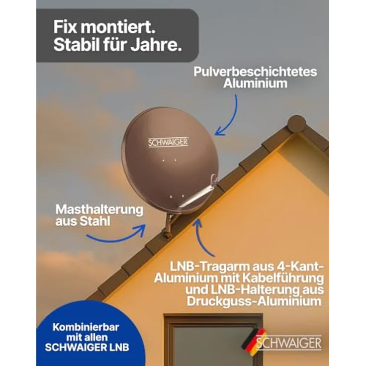 Schwaiger Aluminium Satellitenschüssel 80 cm, Anthrazit, Offset Antenne mit hoher Empfangsreserve und LNB Tragarm – Bild 4