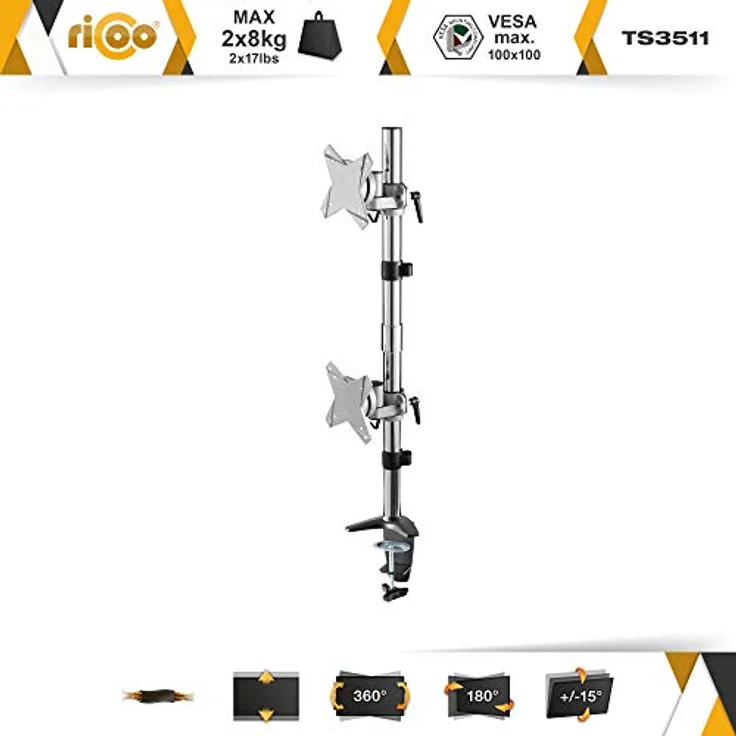 RICOO Monitor Tischhalterung für 2 Monitore Übereinander Monitorhalterung TS3511 Monitorständer Schwenkbar Neigbar Höhenverstellbar Schreibtisch Bildschirmständer Tisch Ständer Monitorhalterungen VESA 75x75 100x100 / Silber – Bild 3