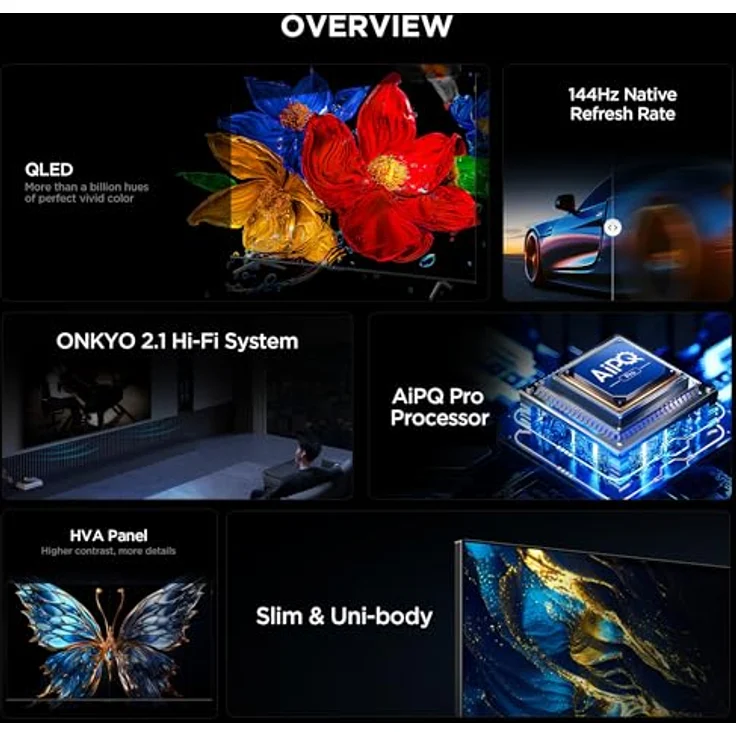 TCL 85P8K 85 Zoll QLED 4K HDR UHD Fernseher, Smart Google TV mit Dolby Vision & Atmos, 144Hz Motion Clarity Pro, FreeSync, Onkyo 2.1 Sound, Sprachsteuerung, kompatibel mit Google Assistant und Google Cast – Bild 3