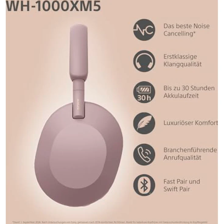 Sony WH-1000XM5 Kabellose Over-Ear-Kopfhörer mit Noise Cancelling, Bluetooth, klarer Gesprächsqualität, Hi-Res, bis zu 30h Akku, Schnellladefunktion, Alexa & Google, iOS & Android - Smoky Pink – Bild 2