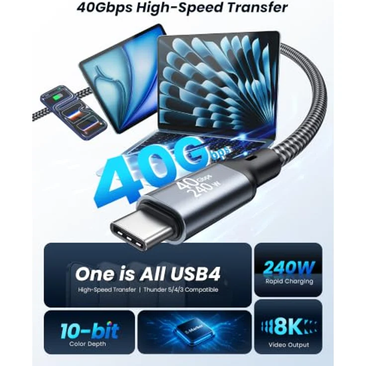 RAVIAD 40Gbps USB C Kabel, 2M, 240W Schnellladekabel, Thunderbolt 4, für 8K UHD Video und ultraschnelle Datenübertragung – Bild 2