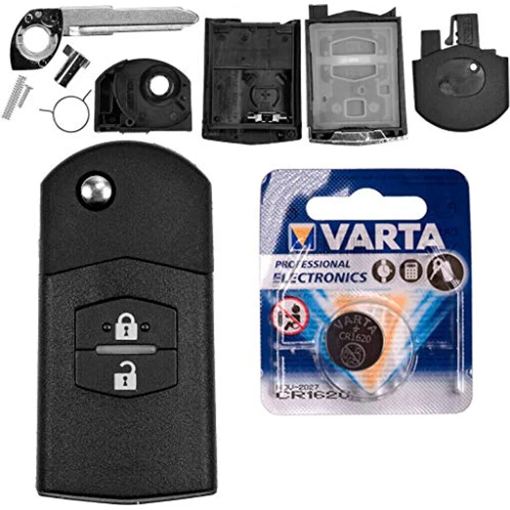 mt-key Auto Klapp Schlüssel Ersatz Gehäuse 2 Tasten + Rohling mit VARTA CR1620 Knopfzelle für Mazda 5 CW 2 DE 3 BK 6 SW BT-50 CX-9 CX-7 – Bild 1