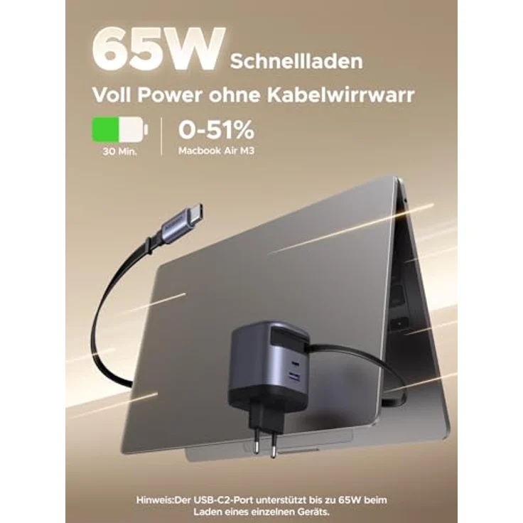 UGREEN Nexode 65W GaN USB-C Einziehbares Ladegerät, 3-Port Schnellladegerät mit 0,7 m Ladekabel, PPS kompatibel mit MacBook Pro/Air, iPhone 16-8 Serie, Galaxy S-A Serie, iPads – Bild 2