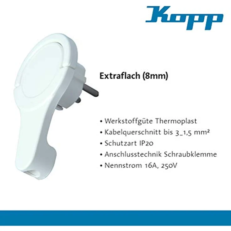 Kopp Schutzkontakt-Winkelstecker 250 V (16 A) mit Klappgriff & Kabel-Knickschutz I Schutzkontakt-Stecker für Strom-Kabel bis 3X 1,5 mm² I Flach-Stecker IP20 für Innenbereich I Arktis-Weiß – 172002037 – Bild 5