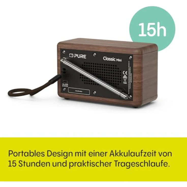 Pure Classic Mini Tragbares Digitalradio – DAB+ & UKW-Radio – Bluetooth 5.3 – 15 Stunden Akkulaufzeit – 2 Equalizer-Optionen – 2,4 Zoll Farbdisplay – Trageband – Kaffee-Schwarz/Walnuss – Bild 3