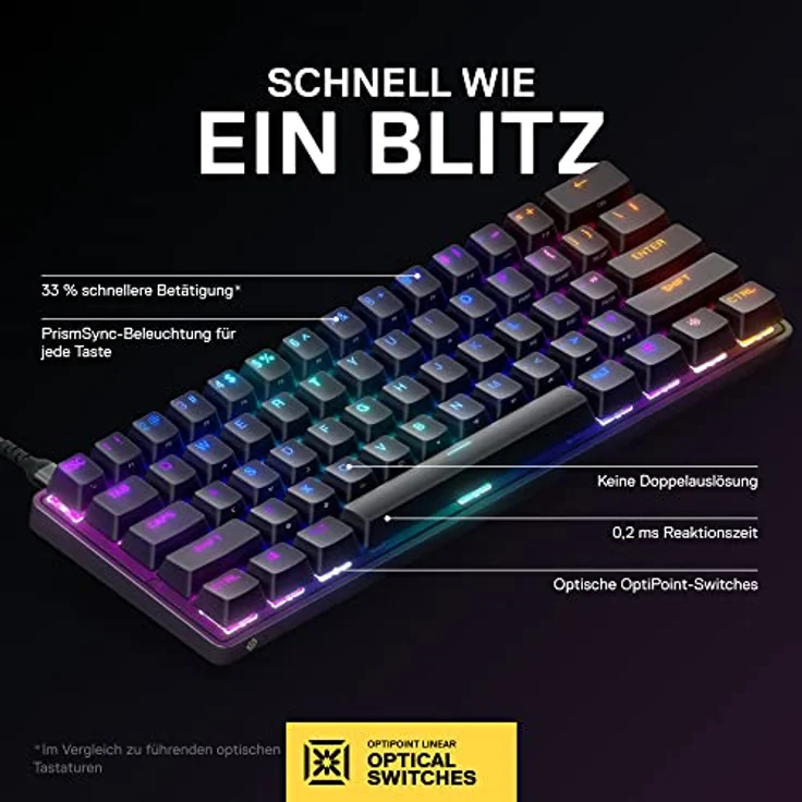 SteelSeries Apex 9 Mini - Mechanische Gaming-Tastatur - Optische Switches - 2-Punkt-Betätigung - Kompakter Esports Mini 60 % Formfaktor - Hotswap-fähige Switches - Deutsches (QWERTZ) Layout – Bild 2