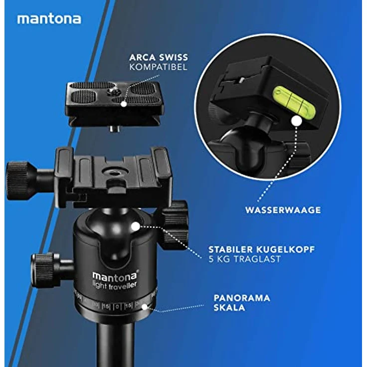 Mantona light traveller – leichtes Aluminium Reisestativ, extrem leicht 1,1kg und kompakt 30,5 cm, Einbeinfunktion, 360° Panorama Kugelkopf Arca-Swiss kompatibel, mit Tasche, schwarz – Bild 3