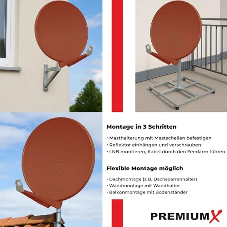 PremiumX DELUXE100 Satellitenschüssel 100 cm, Ziegelrot, Aluminium, Full HD, 3D, 4K Ultra HD, starker Empfang, einfache Montage – Bild 4