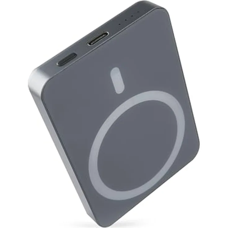 EMOS Powerbank 5 000 mAh WI 522 mit Magnet - magnetischer externer Akku mit Passthrough und Wireless-Charging - USB-C-Ausgang - grau