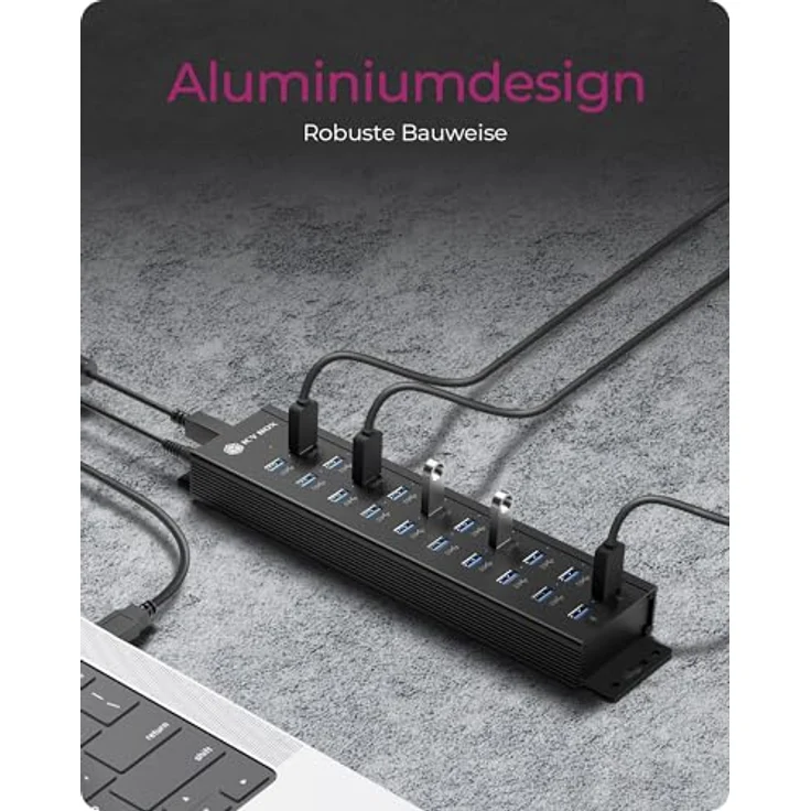 ICY BOX IB-HUB1720-U3, 20-Port USB 3.2 Gen 1 Hub mit 12 V / 3 A Stromadapter, Aluminiumgehäuse und 2 USB-Ladeports – Bild 4