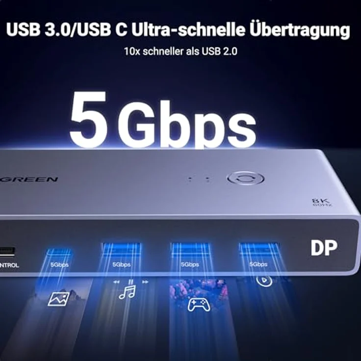 UGREEN Displayport KVM Switch DP 1.4, 8K@60Hz, 4 USB 3.0 Ports, 2 DP Kabel & 2 USB A zu C Kabel, für 1 Monitor, Tastatur, Maus, U-Disk, Drucker – Bild 5