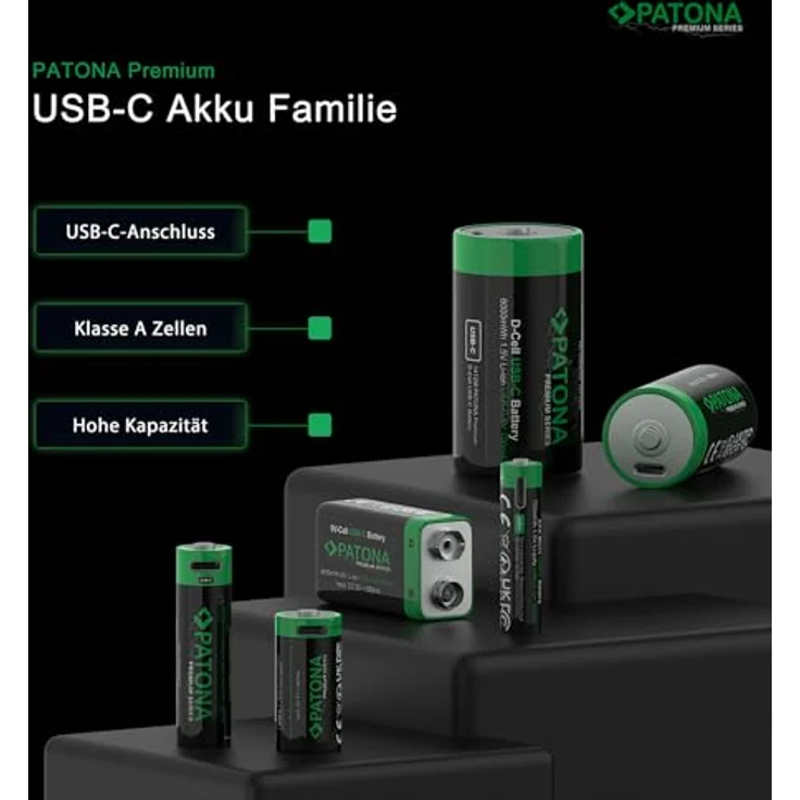 PATONA 9V Block Rauchmelder Akkus USB-C (2er Pack), Aufladbar über USB-C (500mA), 9 V / 3.6 Wh, USB-C Ladekabel mit 2 Anschlüssen - 1413 – Bild 3