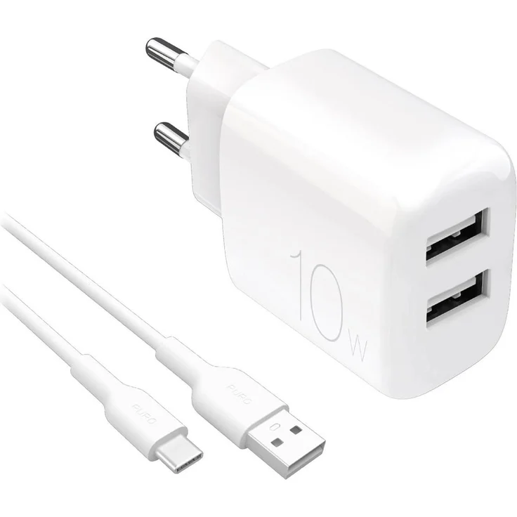PURO Prolite 10W Wandladegerät, 2X USB-A mit USB-C Kabel 1,2M, Weiß