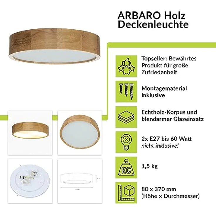 Licht-Erlebnisse ARBARO Deckenleuchte Eiche Ø37 cm 2-flammig blendarm Modern gemütlich Holz Glas - Smarte Deckenbeleuchtung - Preisvergleich – Bild 2
