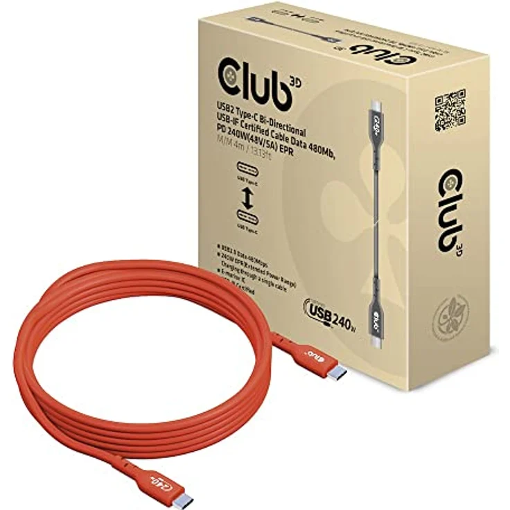 Club 3D CAC-1515 USB2 Typ-C Bi-Direktionales USB-IF Zertifiziertes Kabel 480Mb, PD 240W(48V/5A) EPR St./St. 4m – Bild 1