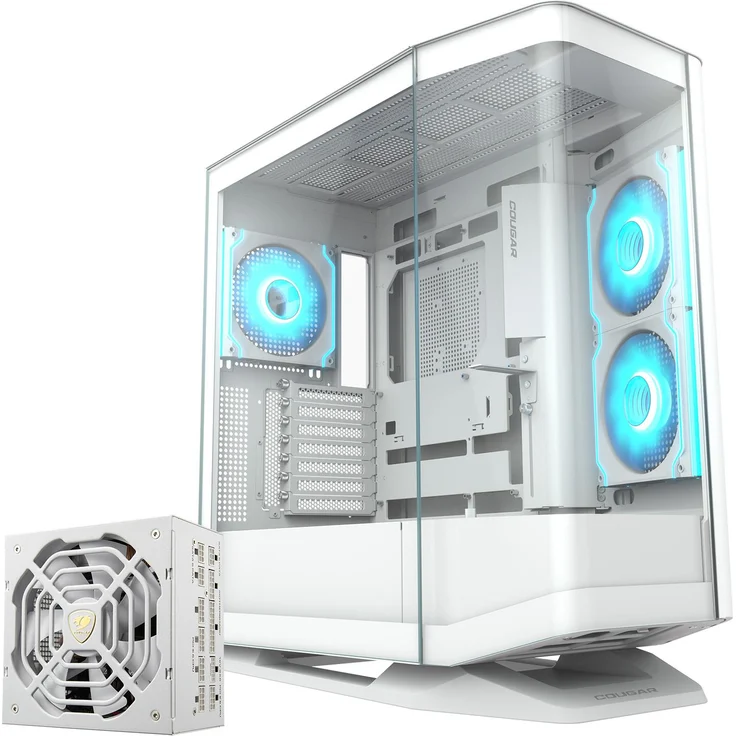 COUGAR FV270 RGB Midi-Tower, weiß mit Temperglas, 4 ARGB-PWM-Lüftern, USB 3.2 Gen 2 Type-C, inklusive Netzteil GR 1000 80+ Gold