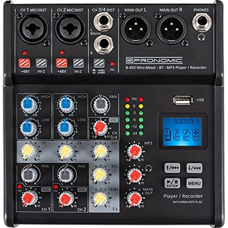 Pronomic B-403 Mini-Mixer mit Bluetooth® und USB-Recording - Kompakter 4-Kanal Mixer - 2 Kanäle mit Combobuchsen, Phantomspeisung und Hi-Z Schalter - USB-Port - Main-Ausgänge im XLR-Format - Schwarz – Bild 3