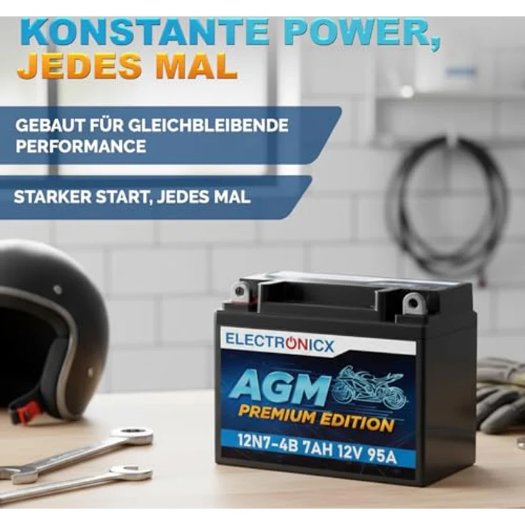 Electronicx AGM-12N7-4B, AGM Motorradbatterie 7Ah 12V, wartungsfrei, auslaufsicher, vibrationsfest für Motorrad, Roller, Quad und ATV – Bild 4