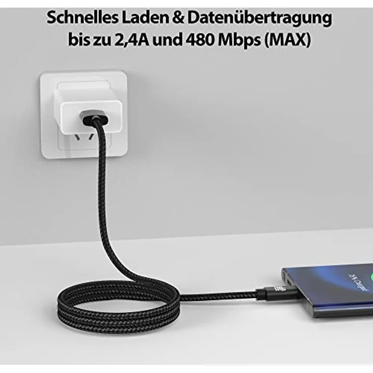 JAMEGA USB-C Kabel Nylon Schnell Ladekabel 3m, kompatibel mit Samsung Huawei HTC LG, hochqualitativ mit Knickschutz und 5 Gbps Datentransfer – Bild 2