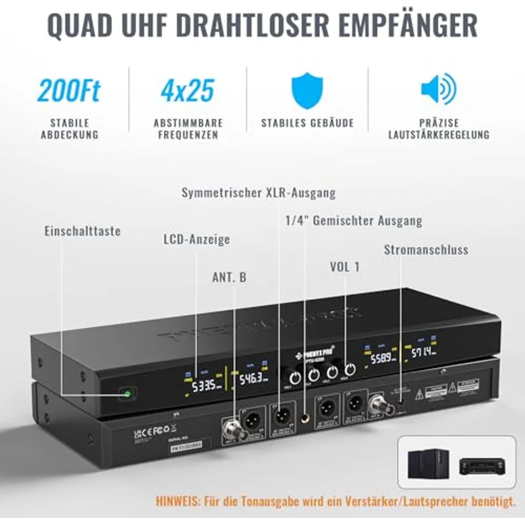 Phenyx Pro PTU-5200-4H, 4-Kanal UHF Funkmikrofon-System mit 25 einstellbaren Frequenzen und Metallhandmikrofonen – Bild 2