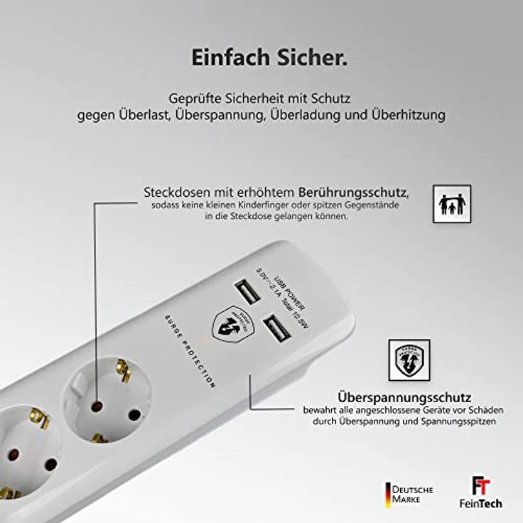 FeinTech Steckdosenleiste mit USB und Flachstecker, 6-Fach Mehrfachsteckdose mit Schalter, Überspannungsschutz und 3m Kabel, MD000633 – Bild 4