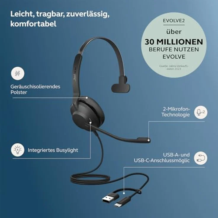 Jabra Evolve2 30 SE, schnurgebundenes Mono-Headset mit USB-A/USB-C, 2-Mikrofon-Technologie, Microsoft Teams zertifiziert, Edelstahl verstärkter Überkopfbügel – Bild 2