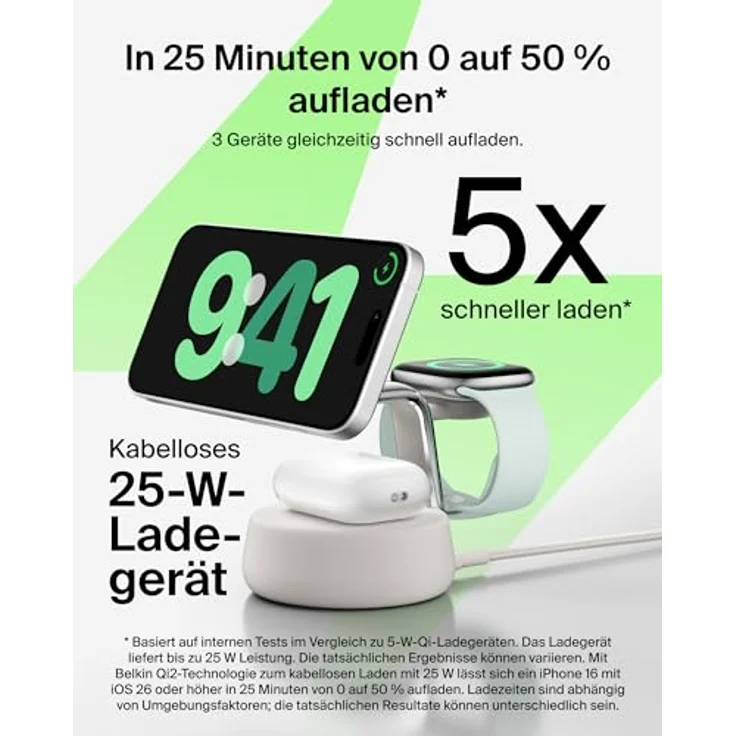 Belkin UltraCharge Pro Qi2 Induktive Ladestation, 25W, 3-in-1 Ladegerät mit MagSafe-Kompatibilität, Wireless Charger für iPhone 16, Apple Watch und AirPods, mit ChillBoost Kühltechnik und 45-W-Adapter – Sandfarben – Bild 2