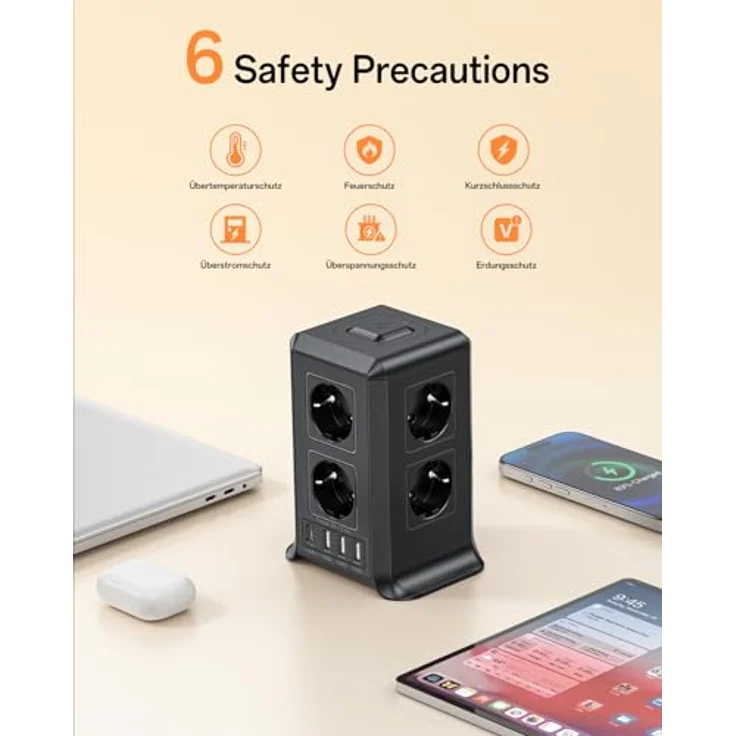 KEMELO Mehrfachsteckdose 12 IN 1, 8 Fach Steckdosenleiste mit 4 USB-A und 1 USB-C, 2M Verlängerungskabel, kompaktes Turmdesign mit Überspannungsschutz, für Zuhause und Büro – Bild 4