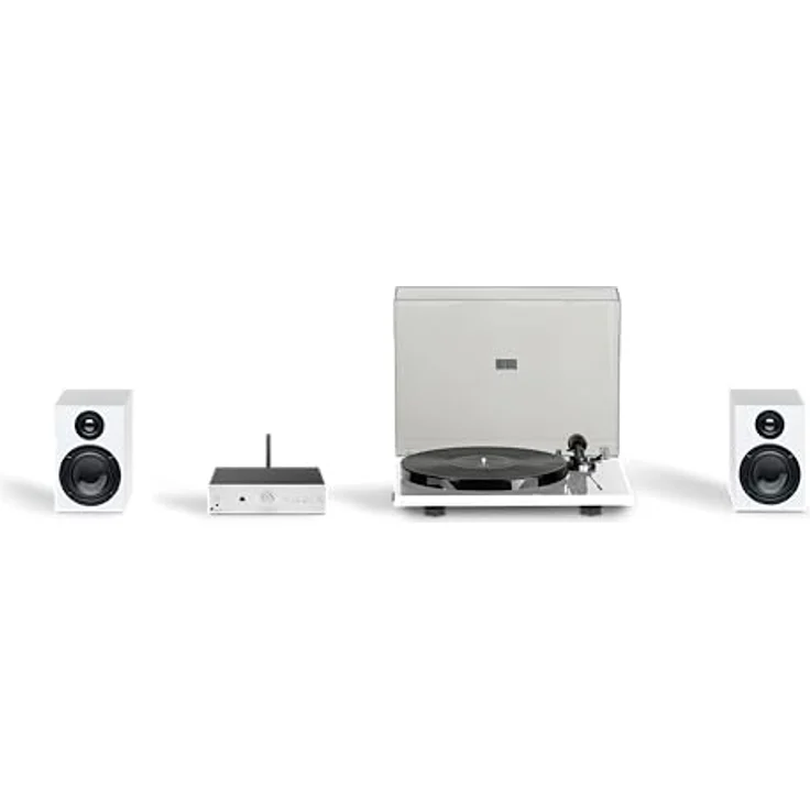 Pro-Ject Stereo Set E Phono, Einsteiger HiFi Stereo Set mit Plattenspieler, Verstärker, Lautsprechern und Kabel, Silber/Weiß – Bild 1