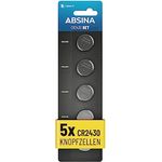 ABSINA CR2430 Knopfzelle 5er Pack - 3V Lithium Batterie auslaufsicher & lange haltbar - für Autoschlüssel, Fernbedienung, Uhr, Spielzeug - Temperaturfest - 5 Jahre Lagerfähig