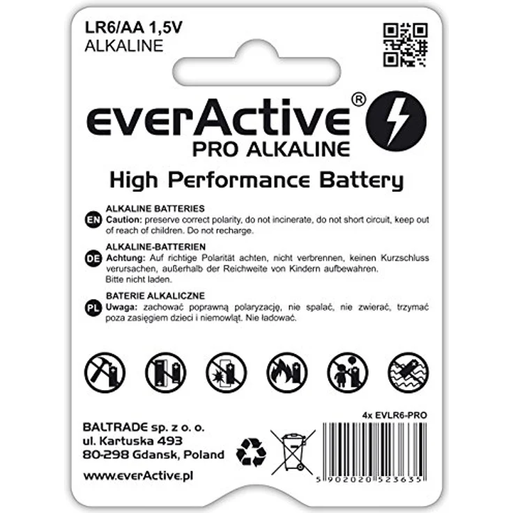 EverActive AA Batteries Pack of 4 Pro Alkaline Mignon LR6 R6 1.5V Highest Performance 10 Year Shelf Life - 4 Pack - 1 Blister Card, schwarz- weiss – Bild 3