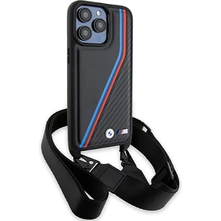 BMW M Edition Carbon Tricolor Lines & Strap Case für iPhone 15 Pro - schwarz, hochwertiger Schutz mit sportlichem Design – Bild 3