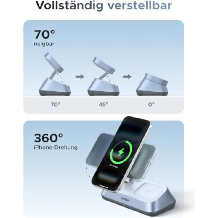 UGREEN 3-in-1 Magnetic Wireless Charger, Qi2 25 W, MagSafe-kompatibel, zusammenklappbar, Blau – Bild 6