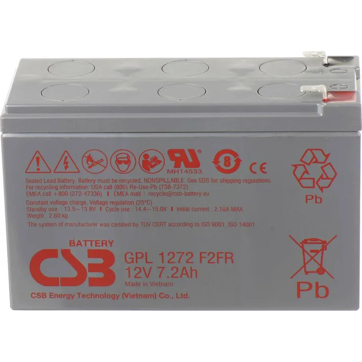 CSB Battery GPL 1272, Bleiakku 12V 7.2Ah AGM, wartungsfrei, (B x H x T) 151 x 98 x 65mm, Flachstecker 6.35mm