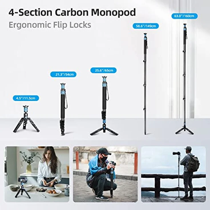 SIRUI P-424FS Kamera Einbeinstativ, 160cm Heavy Duty Carbon Fiber Foto Video Einbeinstativ, 4-Sektion Professional Einbeinstativ mit Füßen, Modular 3 in 1, Quick Release Design, Max Load 12kg – Bild 5