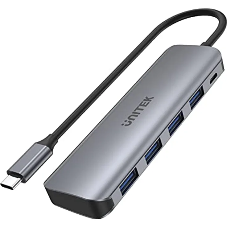 uHUB P5+ 4 Ports Powered USB-C Hub H1107A / USB3.1 Gen1 5Gbps SuperSpeed / Micro USB 12W Ladeanschluss / Ultraflaches Aluminiumgehäuse / Farbe: Space Grey