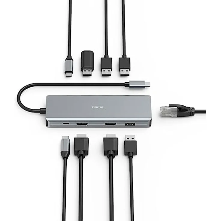 Hama USB-Hub 9 Ports (4x USB-A, 1x USB-C Daten, 1x USB-C Power, 2x HDMI, 1x LAN/Ethernet, Ultra-HD 4K, bis zu 5 Gbit/s, MST für mehrere Bildschirme, Thunderbold, Power Delivery) Aluminium – Bild 3