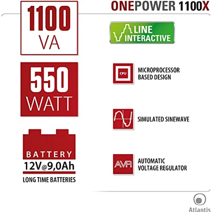 Atlantis Land OnePower PX1100, Unterbrechungsfreie Stromversorgung (USV) 1,1 kVA, 550 W, 4 AC-Ausgänge, LED-Display, kompakte Bauweise – Bild 5