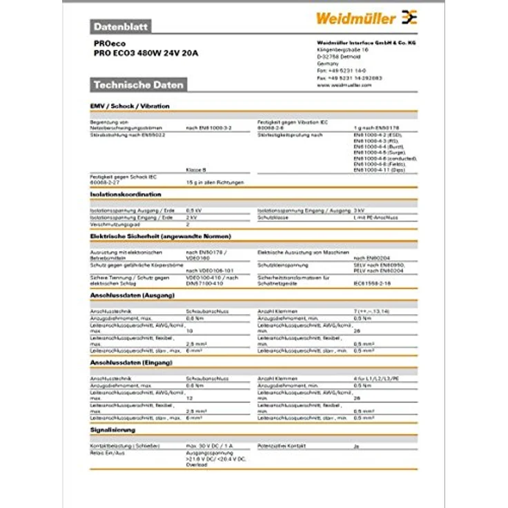 Weidmüller PROeco3 Schaltnetzgerät 480W, 24V, 20A, hohe Leistung, kompakte Bauform, mit Sicherheitsfunktionen – Bild 3