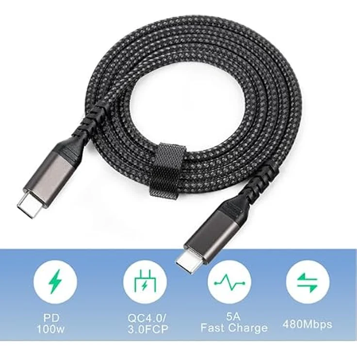INF USB-C zu USB-C Kabel, 5A/20V PD 100W Ladegerät, geflochtenes Nylon, schwarz, 2 m – Bild 5