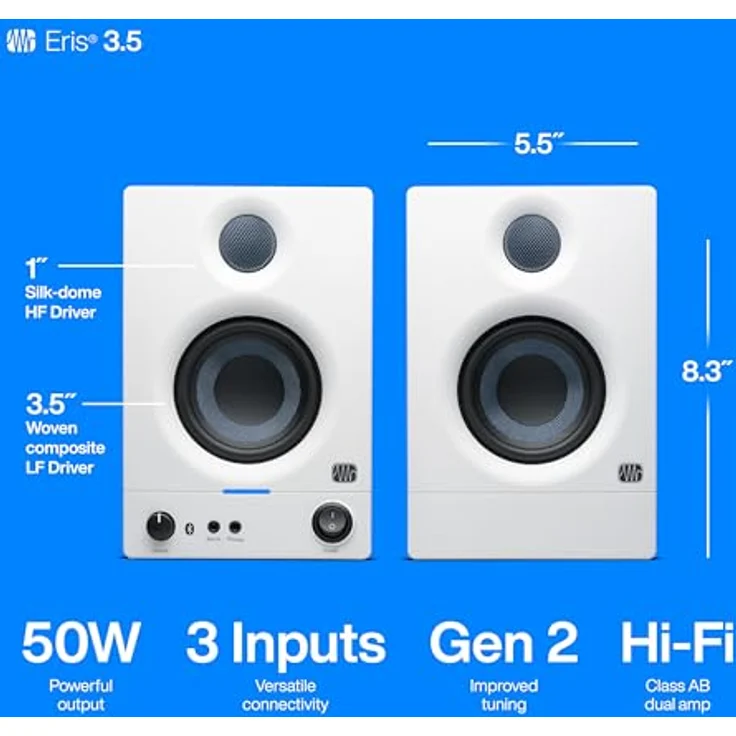PreSonus Eris 3.5BT Gen 2, 3,5"-Aktivlautsprecher für Multimedia, Gaming, Studio-Musikproduktion mit Bluetooth, 50 W Leistung, Weiß – Bild 3