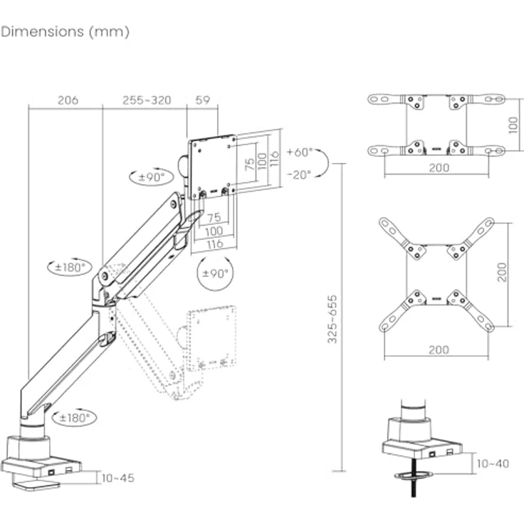 Maclean Doppelarm-Monitorhalterung mit Gasfeder für 17-57" Zoll, bis 27kg, Höhenverstellbar, Schwenkbar, Neigbar, Drehbar, VESA 75x75, 100x100, 200x100, 200x200, schwarz – Bild 5