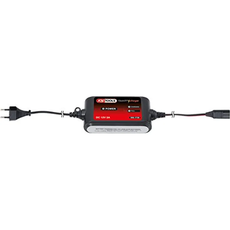 KS Tools 550.1730 Kfz-Ladegerät 2A, vollautomatischer Ladezyklus, spritzwassergeschützt IP44, für Bleisäure- und AGM-Batterien, inklusive 3 Anschlusskabel