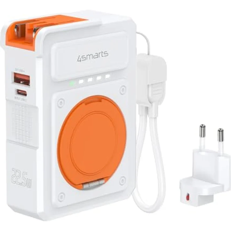 4smarts 6in1 Hybrid Charger Lucid, Powerbank mit 10000 mAh, 22.50 W, USB-C und kabelloser Ladefunktion, Weiss, Orange – Bild 1