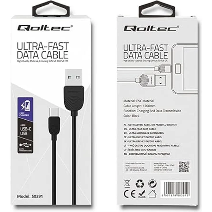 Qoltec 50391, USB 2.0 Kabel 1,2 m, USB A & USB C, Schwarz – Bild 2