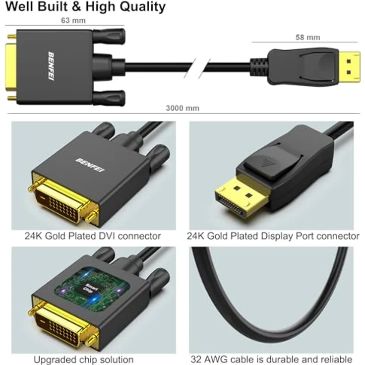 benfei DisplayPort zu DVI DVI-D Single Link 1,8 m Kabel, Display Port auf DVI Adapter Stecker auf Stecker vergoldet Kordel für Lenovo, Dell, HP, Asus und andere Bran - Preisvergleich – Bild 6