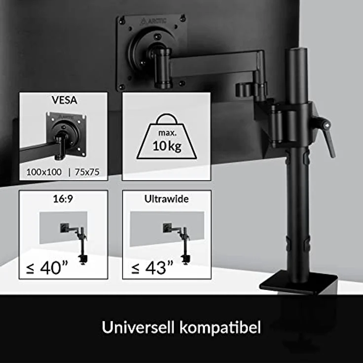 ARCTIC X1 - Monitorarm für einen Monitor, Monitorhalterung für bis zu 40"/43" Ultrawide, bis 10 kg/22 Ibs, neigbar, schwenkbar, höhenverstellbar, VESA 75x75/100x100 - Schwarz – Bild 3